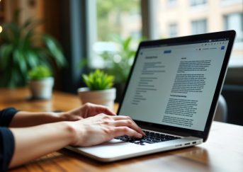 Woman works remotely at cafe reviewing job description on laptop. Hands type on laptop keyboard. Natural light streams into indoor cafe. Businesswoman researches job, openings online. Modern pro