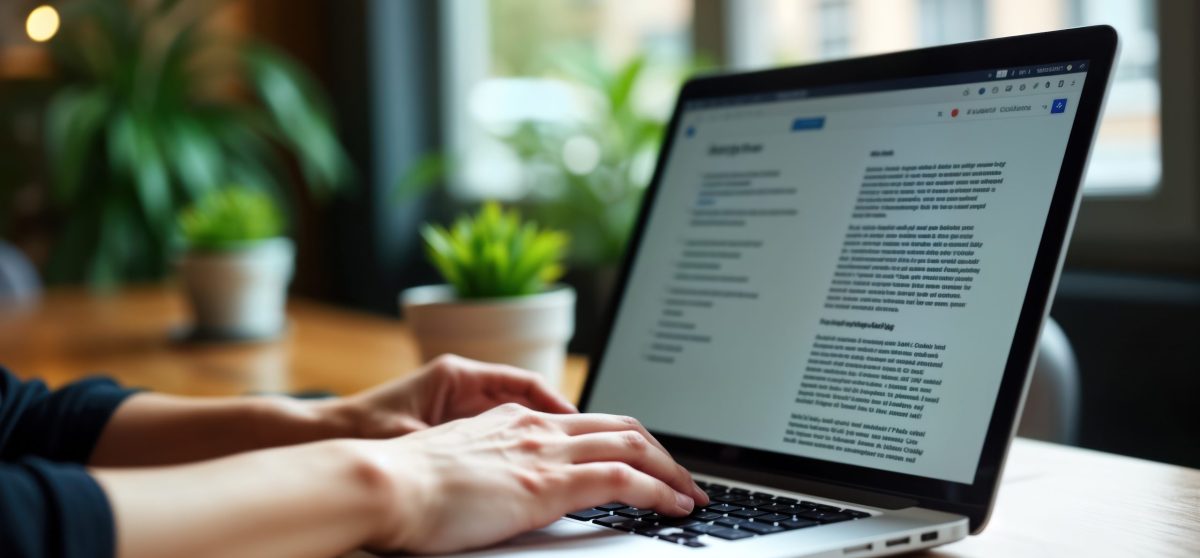Woman works remotely at cafe reviewing job description on laptop. Hands type on laptop keyboard. Natural light streams into indoor cafe. Businesswoman researches job, openings online. Modern pro